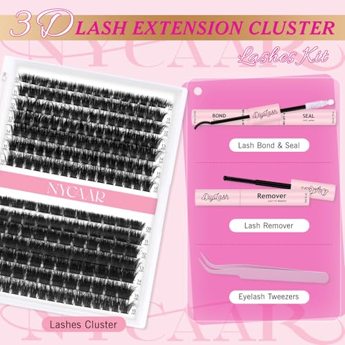Lash Clusters 3D Effect Individual Lashes Kit NYCAAR 189pcs 100D200D D Curl 9-16MIX Eyelash Clusters Wispy Lashes Fluffy Cluster Lashes Kit with Lash Glue Remover Applicator Easy to Use for Beginners