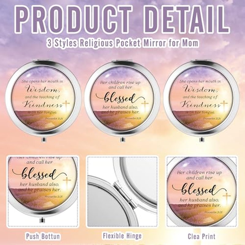 24 Sets Mother's Day Church Gifts Bulk Christian Compact Makeup Mirror Bible Verse Round Pocket Mirror with Gift Cards Organza Bags for Women (3 Style)
