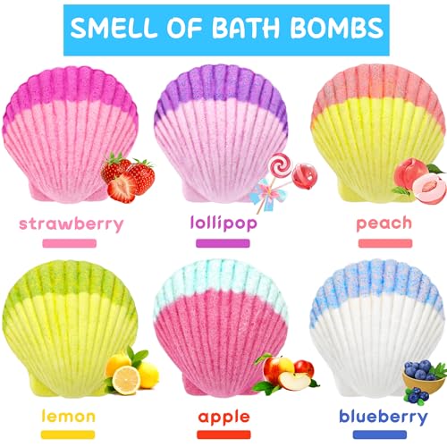 Kids Mermaid Bath Bombs Set with Surprise Jewelry - 6 Pcs Natural Fizzy Princess Fun