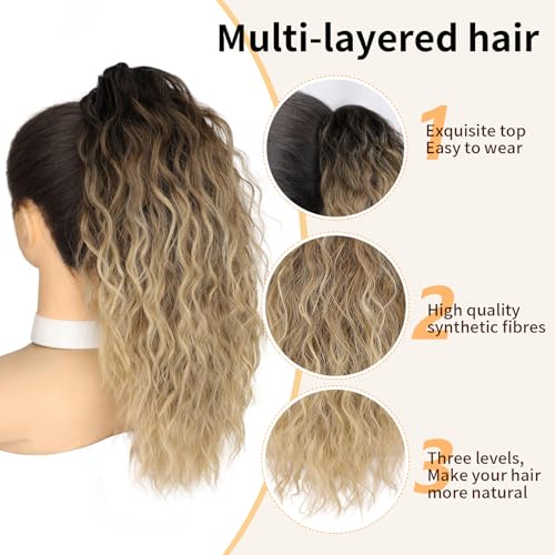 Claw Clip Ponytail Extension - Wavy Fluffy Hairpieces with Ombre Black Mix Blonde Variation