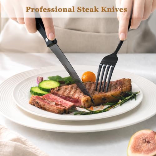 48-Piece Silverware Set with Steak Knives - Black Flatware for 8 - Food-Grade Stainless Steel - Elegant Mirror Finish