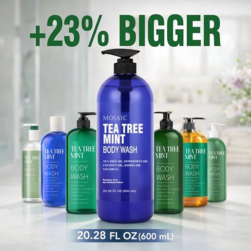 Tea Tree & Mint Body Wash with Vitamin E - Large 20.2 Fl Oz Bottle, Pack of 2 - Sensitive Skin & Antifungal Shower Gel