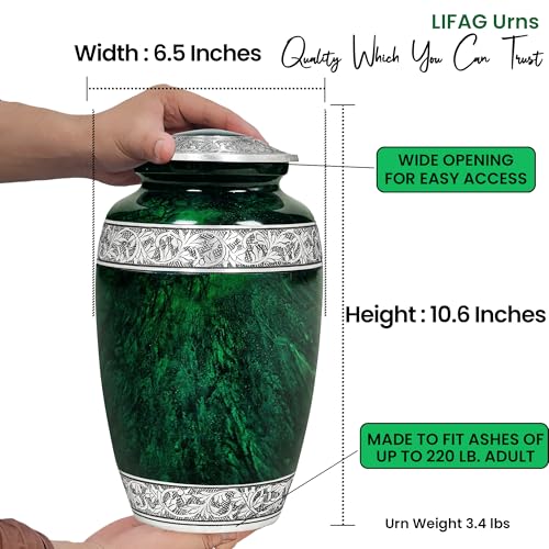 Large Hand-Engraved Green Marble Cremation Urn for Adults with Ash Pendant & Velvet Bag - 220lbs Capacity