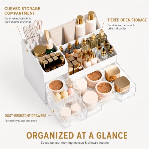 Mriluvy Extra Large White Clear Makeup Organizer with 3 Drawers & Brush Holder
