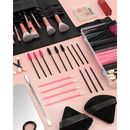 Disposable Makeup Applicators Kit, Includes Disposable Mascara Wands Eyeliner Brushes Eyeshadow Lip Applicators with Organizer Box Powder Puffs Mixing Palette Makeup Tools 11.0 * 7.8 * 3.10
