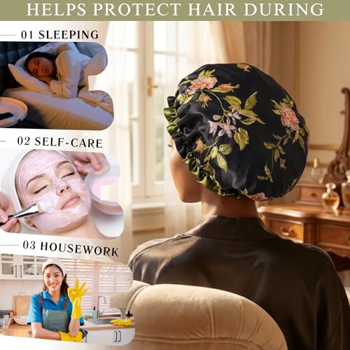 Wild Rose Mulberry Silk Bonnet for Sleeping - 19 Momme Double Layer, Non-Slip Hair Wrap for Curly Hair