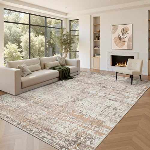 8x10 Beige Abstract Washable Area Rug - Neutral Modern Living Room Accent - Variation of Beige Grey