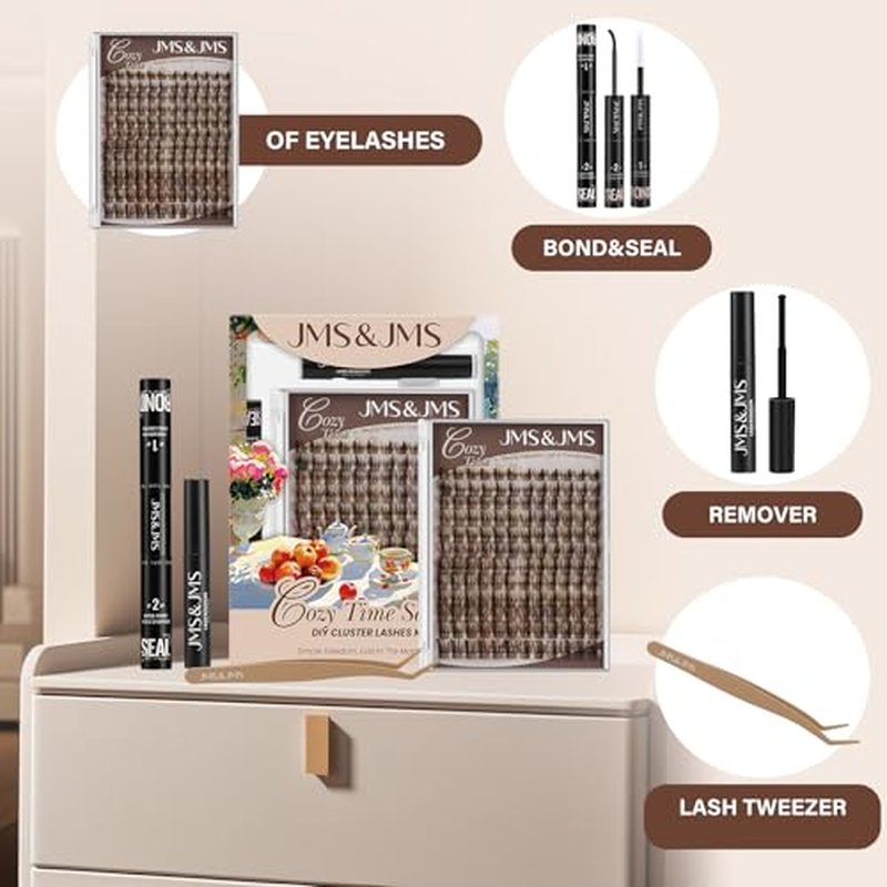 JMS&JMS Brown Lash Extension Kit 144PCS Wispy Lash Clusters Kit CC Curl 8-18MIX Cluster Eyelash Extensions Kit with Lash Bond and Seal, Lash Remover, Lash Tweezers at Home