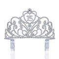 Quinceanera Tiara Crown with Rhinestones and Hair Combs - Silver Plated, Clear Austrian Crystals