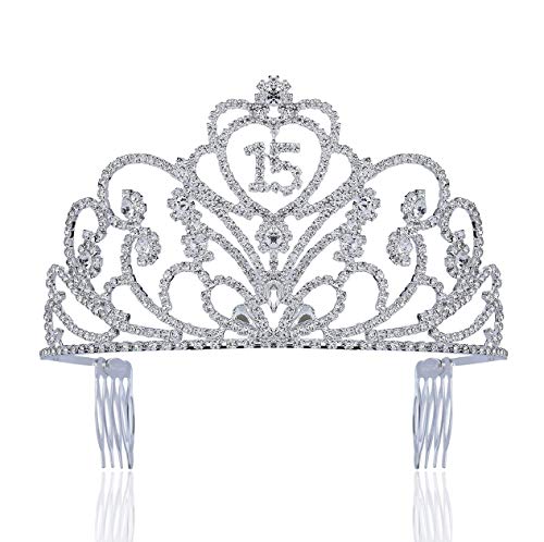 Quinceanera Tiara Crown with Rhinestones and Hair Combs - Silver Plated, Clear Austrian Crystals