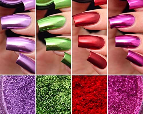 4Pcs Chrome Nail Powder Set for Mirror Nails - Lilac, Pear, Fire Red, Fuchsia