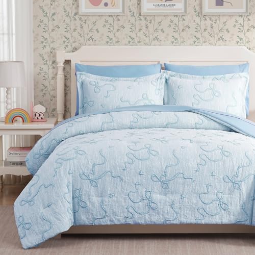 Light Blue Queen Comforter Set with Bow Tufted Design, 7 Pieces - Girls Bedding