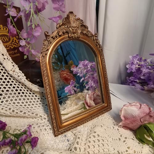 Large Bronze Vintage Vanity Wall Mirror with Ornate Carved Frame - 14.4 x 9.8 Inches
