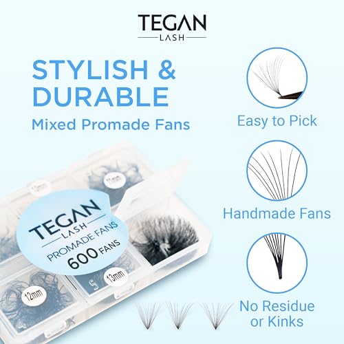 TEGAN LASH Promade Fan Mix Eyelash Extensions, From 3D - 16D, 0.03/0.05/0.07, C/CC/D, 9-15mm, Pre Made Eyelash, Easy Apply Premade False Eyelashes, Pesta?as Abanicos Extensiones (5D, 0,07, CC, Mix)