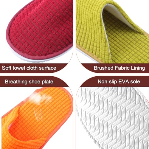Geyoga 12-Pair House Slippers for Guests, Medium Size, Green, Yellow, Orange, Brown