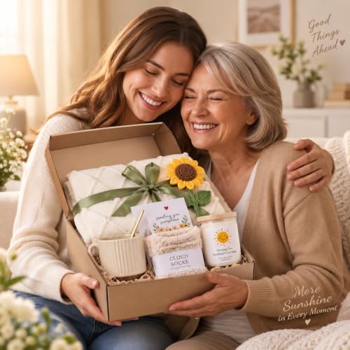 Sunflower Self Care Gift Basket for Women - Cozy Blanket, Fuzzy Socks & More