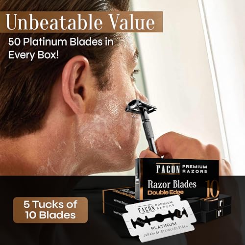 50 Fac?n Double Edge Razor Blades for Safety Razor, Safety Razor Blades for Shaving, Platinum Japanese Stainless Steel for Smooth & Precise Shave, Premium Replacement Razor Blade for Men & Women