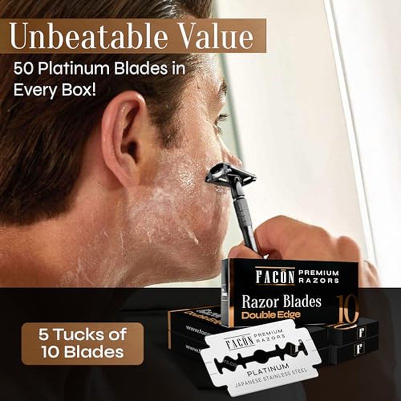 50 Fac?n Double Edge Razor Blades for Safety Razor, Safety Razor Blades for Shaving, Platinum Japanese Stainless Steel for Smooth & Precise Shave, Premium Replacement Razor Blade for Men & Women