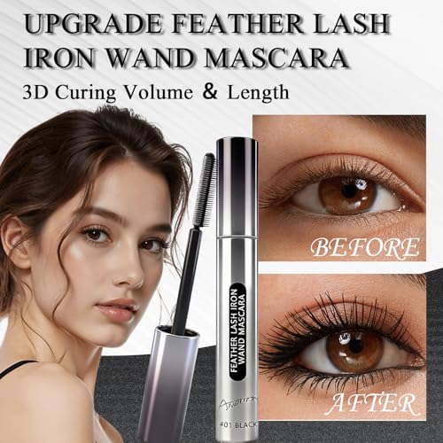 Feather Lash Iron Wand Mascara, Dual-Wing Brush, Metal Wand & Precision Comb, Fiber-Infused 3D Curling Volume & Length, Waterproof, Clump-Free & Smudge-Proof, for All Lash Types (Black)