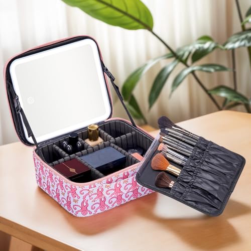 Travel Makeup Bag Organizer with LED Mirror, Portable Monkey Cosmetic Train Case with Adjustable Dividers, Brush Storage Board for Women Christmas Thanksgiving Valentine Birthday Gift (Pink)