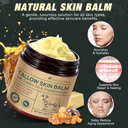 Beef Tallow Balm with Frankincense and Castor oil 4.2 fl.oz, 100% Grass-Fed Tallow for Skin Care, Face & Body Moisturizer for Skin Hydrating & Nourishing, Sensitive Skin & Dry Skin Age Defying