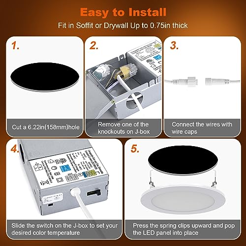 ZYC 4 Inch LED Recessed Downlights 6 Pack, Dimmable Ultra-Thin Ceiling Lights with Night Light, 2700K-6000K, 800LM, Gold