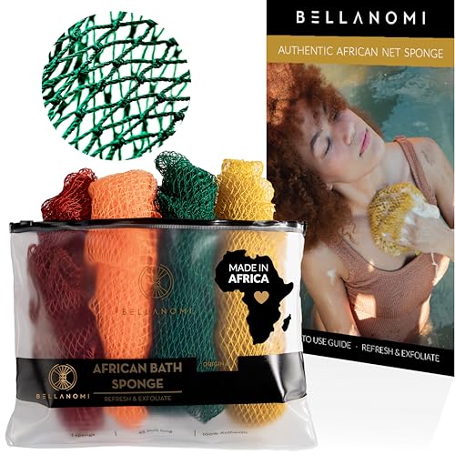 BELLANOMI 4 Piece African Exfoliating Net Sponge Long African Bath Sponge, Authentic Ethically Sourced from Nigeria, Great for Daily Use (Copper Brown, Orange, Green, Yellow)