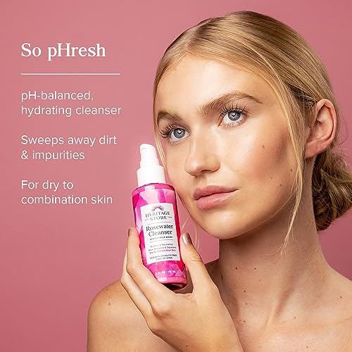 HERITAGE STORE Rosewater Facial Cleanser - Milk Face Wash Purifies and Nourishes w/Squalane, Rose Complex, Dry Skin to Combination Skin Care, Hypoallergenic, pH Balanced, Vegan, 60-Day Guarantee, 4oz