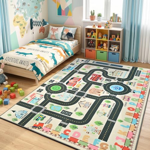 Kids Play Rug 6x9 ft Road Car Track Playmat - Non Slip Washable Toddler Carpet - White Variation