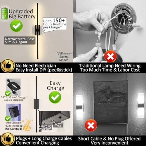 Black 28 Inch Set of 2 Battery-Operated Wall Sconces - Wireless, Dimmable, Magnetic Mount