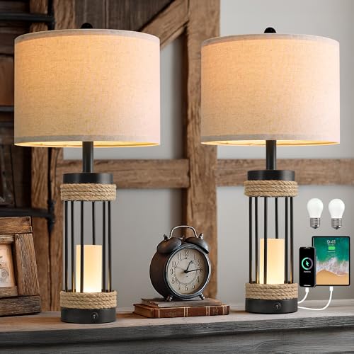 OYEARS Farmhouse Black 25" Set of 2 Table Lamps with Night Light & USB-C Charging Ports