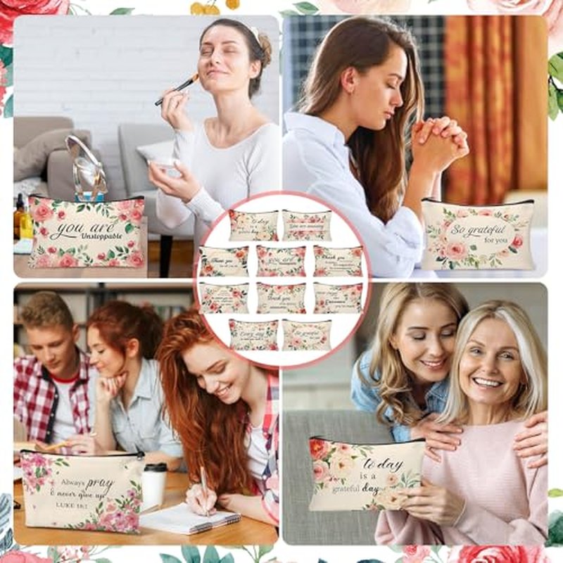 30Pcs Inspirational Quotes Makeup Bag Canvas Cosmetic Bags Encouragement Travel Toiletry Pouch Thanksgiving Appreciation Gifts for Women Valentine's Day Mother¡¯s Day Wedding