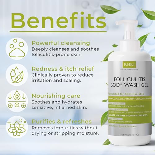 Folliculitis Treatment Folliculitis Body Wash Sensitive Skin | Gel Cleanser for Redness & Irritation with No Sulfates, Dyes or Parabens | Body Wash Includes Bonus Scrubber Brush