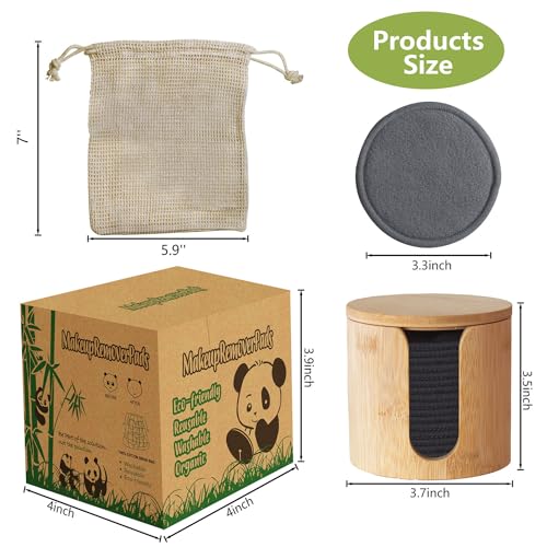 Reusable Cotton Rounds, 100% Natural Bamboo Cotton Pads for Face|Reusable Makeup Remover Pads with Laundry Bag,Headband and Cotton Round Holder (Gray)