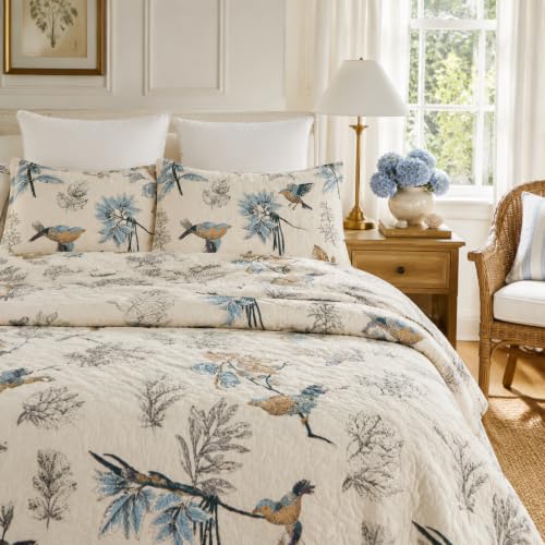 Queen Comforter Set - Birds Printing American Country Style, Beige, 3 Pieces - Variation: Queen / Country Chic