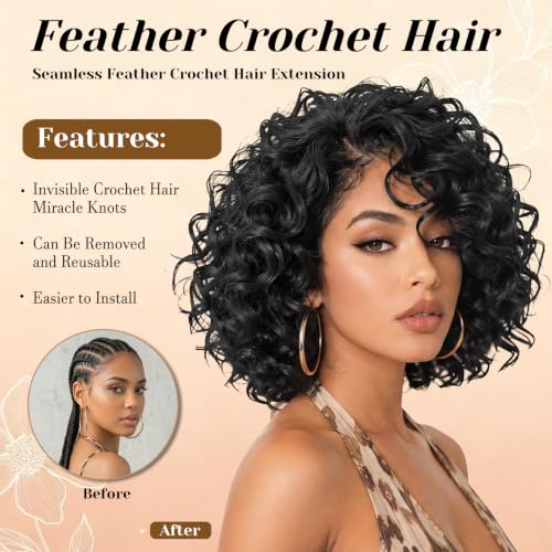 Detean 10 Inch Pre-Separated Knotless Feather Crochet Hair 40 Strands - Black 1B, Lightweight Curly Wave