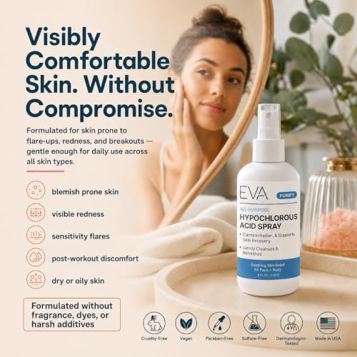 Eva Naturals Hypochlorous Acid Spray 8 Fl Oz Pack of 2 - Face & Body Mist for Sensitive Skin, Redness & Irritation Relief