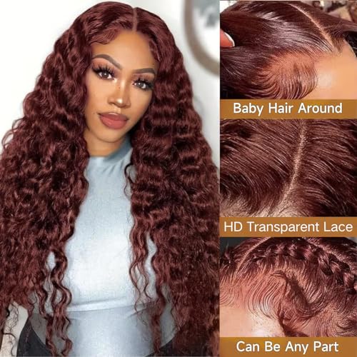 Reddish Brown Lace Front Human Hair Wig 13x6 Deep Wave 18 Inch 180 Density - Pre Plucked
