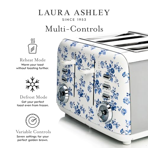 Laura Ashley China Rose 4 Slice Wide Slot Toaster - Space-Saving Kitchen Appliance