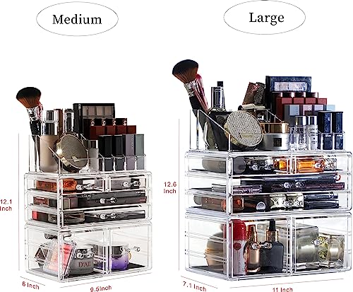 Acrylic 3-Pack Makeup Organizer with 6 Drawers and Top Tray – Stackable Vanity Desk Storage