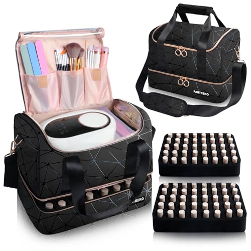 Nail Polish Organizer Holds 80 Bottles (15ml/0.5 fl.oz)& Nail Lamp, PU Leather Nail Organizers and Storage Bag with Shoulder Strap, Portable Nail Supplies Kit Organizer Carrying Case (Black)