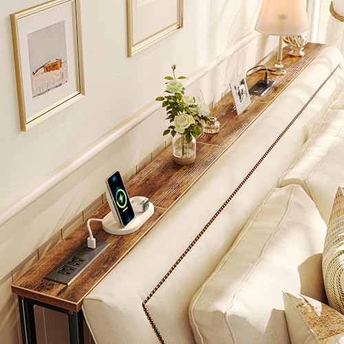 Rustic Brown 79 Inch Sofa Table with 2 Power Outlets & USB-C Ports - Narrow Design