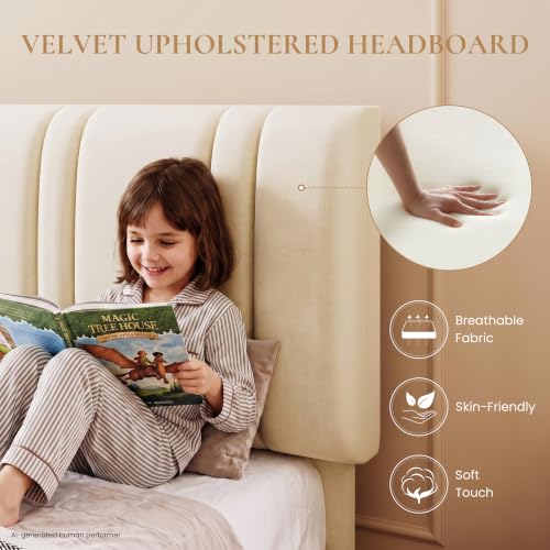 Cream Velvet Twin Size Bed Frame with Adjustable Headboard - SHA CERLIN