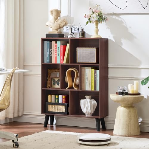 Walnut Cube Bookshelf with Legs - Mid-Century Modern 7 Cube Storage