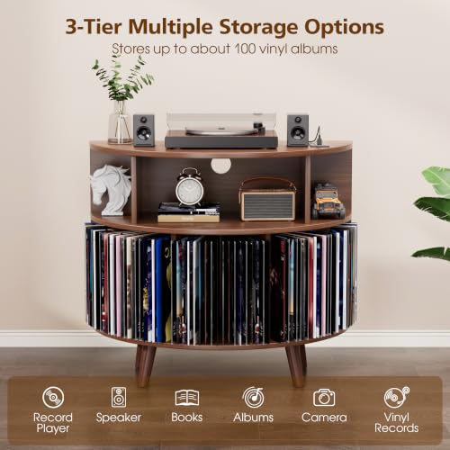 31.5-Inch Record Player Stand with Power Outlets and Vinyl Storage Cabinet