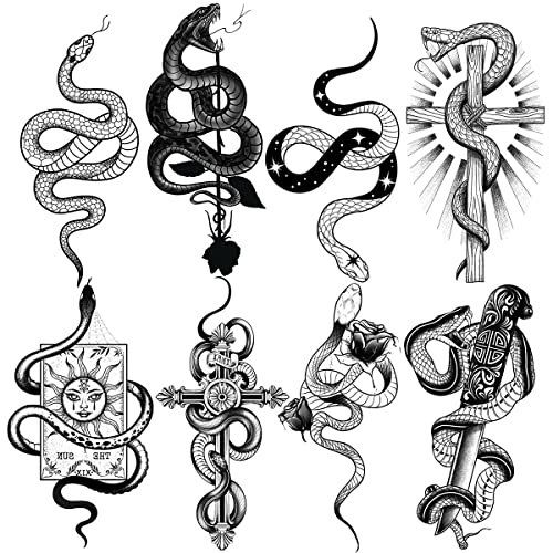 Waterproof Fake Temporary Tattoos Sticker 8 Sheets Small Cute Hand Black Snake Rose Cross Card Knife