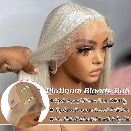 12 Inch Platinum Blonde Bob Lace Front Wig - 13x4 HD Transparent Frontal, Glueless Human Hair Short Bob for Women