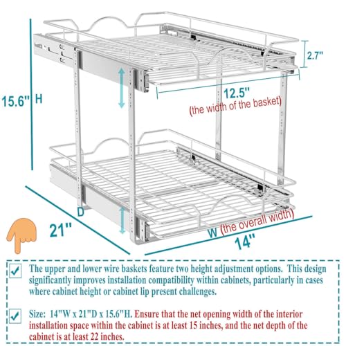 OCG 2-Tier Pull Out Cabinet Organizer (14W x 21D x 15.6H) Chrome Finish