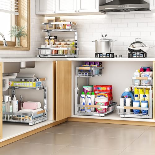 Under Sink Organizer 2-Tier Pull-Out Storage Shelf - Silver, Adjustable Height