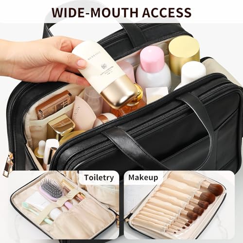 Black Travel Makeup Bag for Women with Luggage Sleeve & 25 Pockets